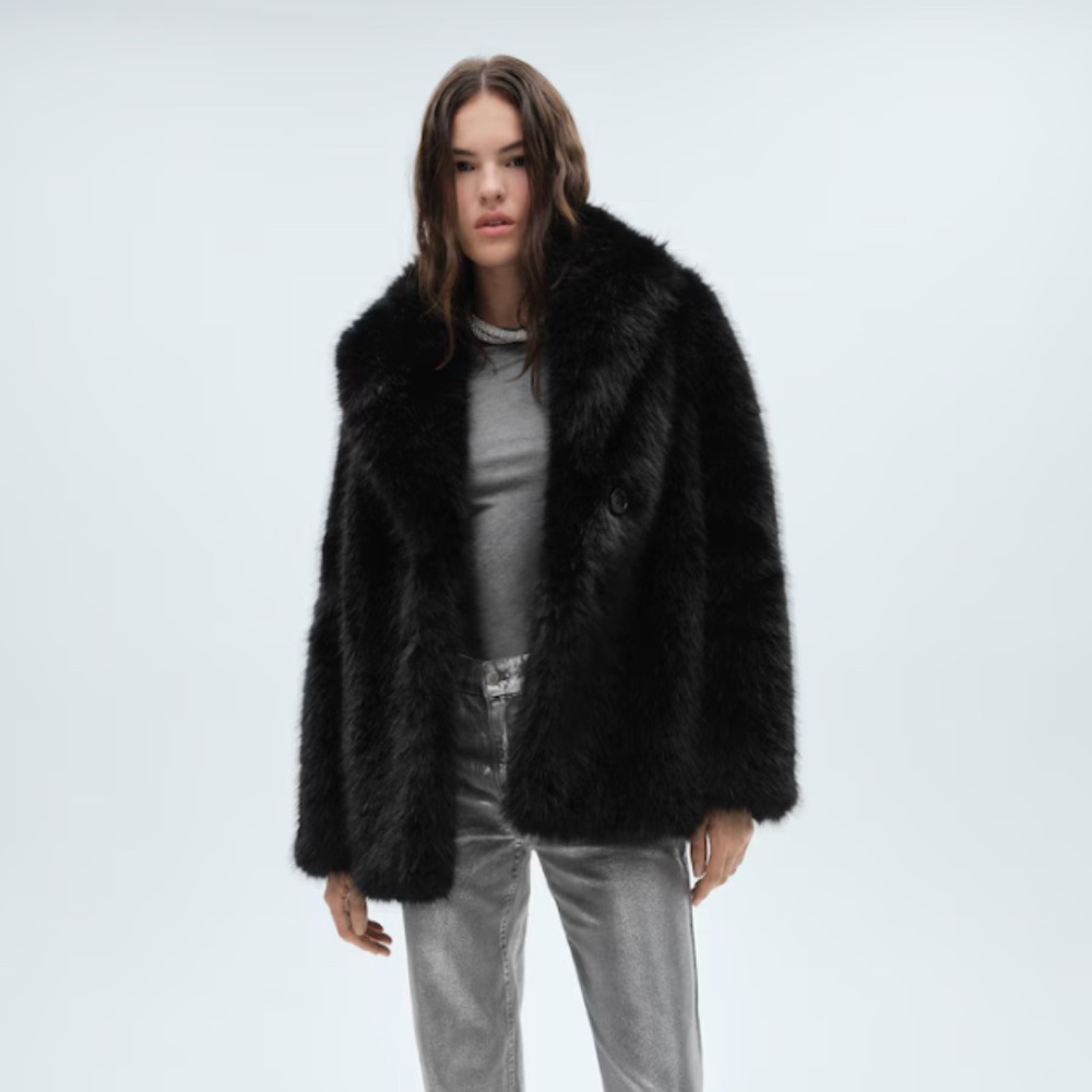 Mango Fur Effect Coat Black Size Small